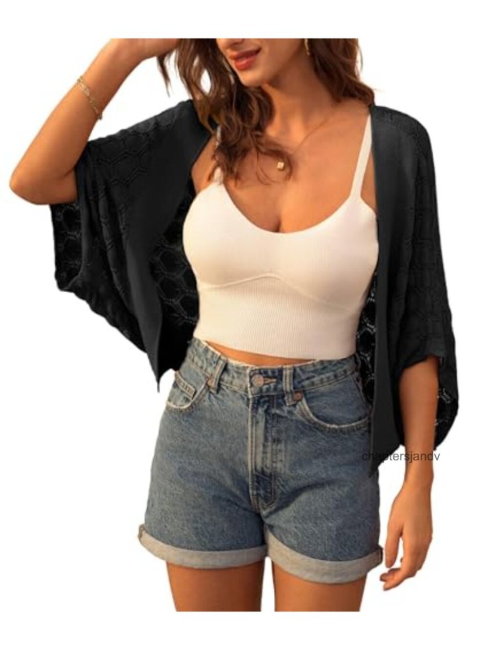 Crochet Cropped Cardigan Shrug Open Front Batwing Sleeve Lightweight Summer